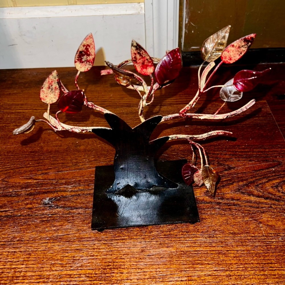 Tree of Life India Art Rustic Red Gold Translucent Leaf Vintage Candle Holder - Picture 3 of 11